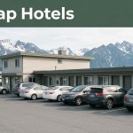 A roadside motel with parked cars, harbor water, and mountains near Seward, Alaska.