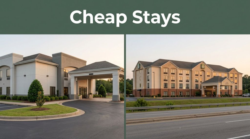 Two affordable hotel exteriors shown side by side at warm evening light.