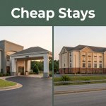 Two affordable hotel exteriors shown side by side at warm evening light.