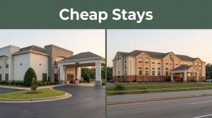 Two affordable hotel exteriors shown side by side at warm evening light.