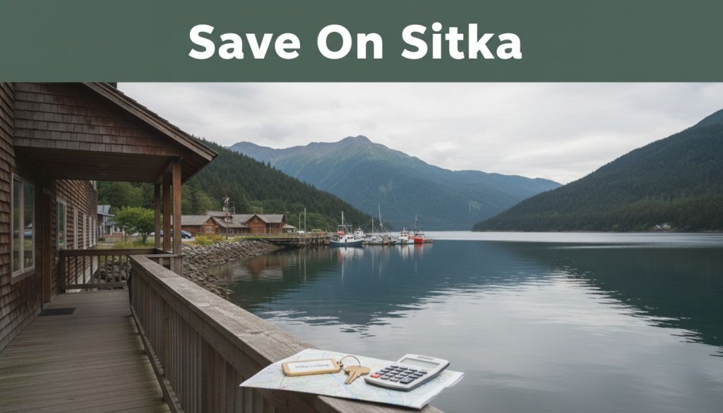 A Sitka hotel by the harbor with a key, map, and calculator in front.