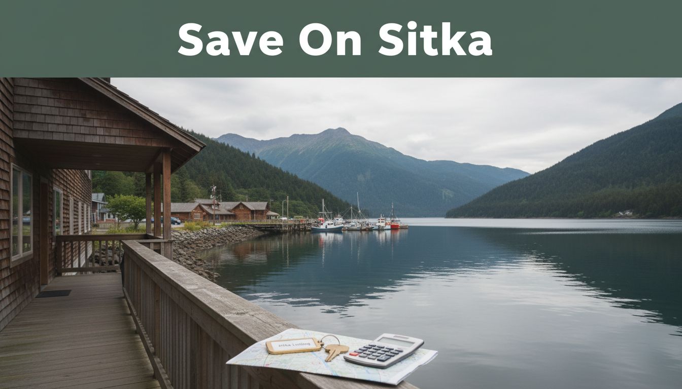 A Sitka hotel by the harbor with a key, map, and calculator in front.