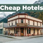 A colorful Skagway hotel street with snowy mountains behind it.