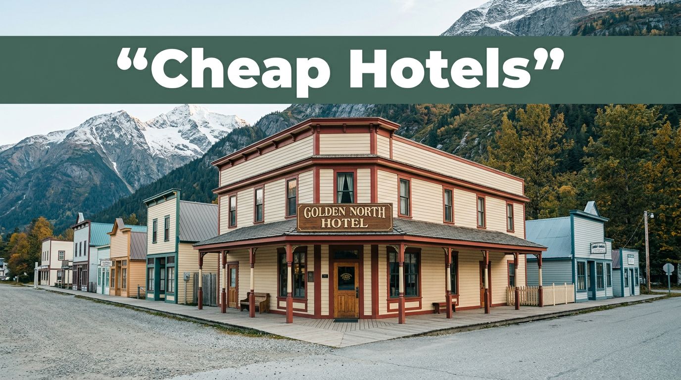 A colorful Skagway hotel street with snowy mountains behind it.