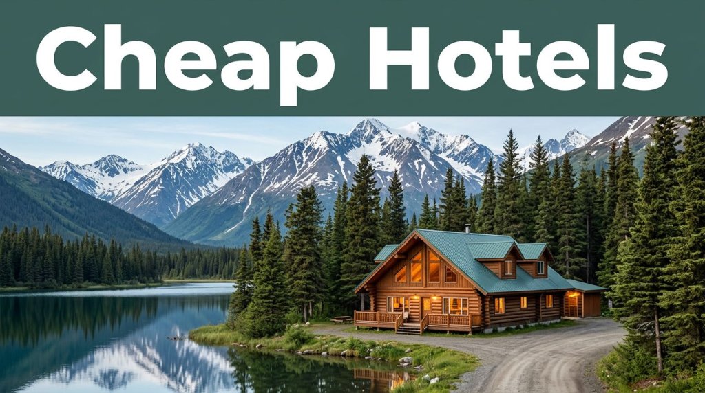 A cozy lodge beside an Alaskan lake with spruce trees and snow-capped mountains.