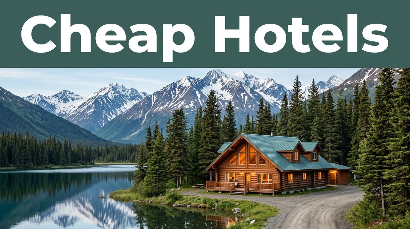 A cozy lodge beside an Alaskan lake with spruce trees and snow-capped mountains.