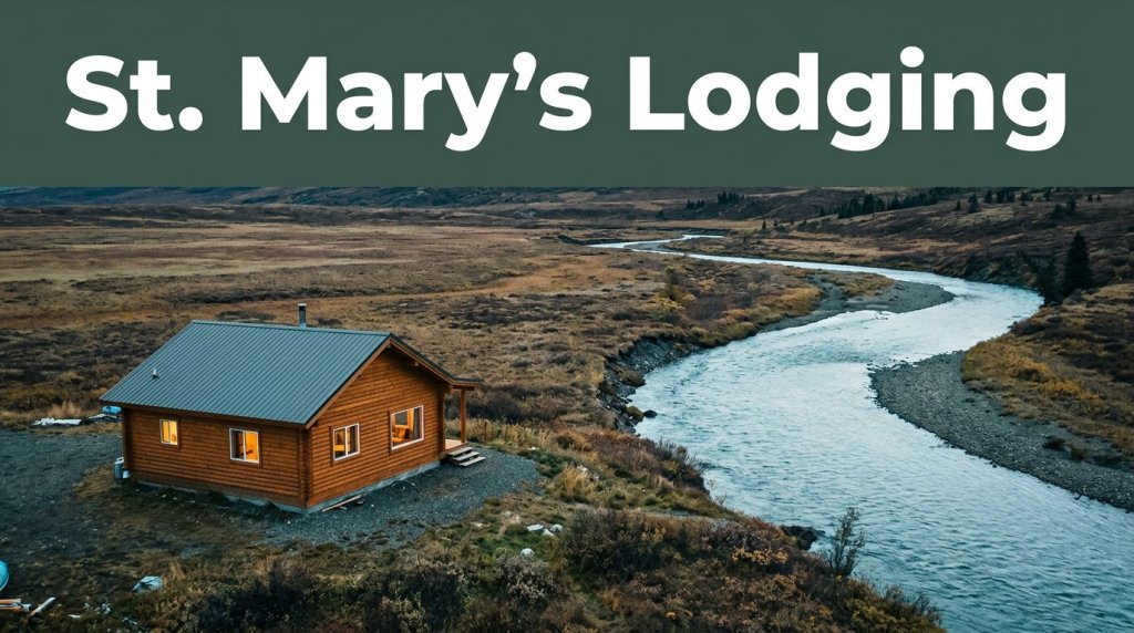 A wood lodge with lit windows beside the tundra and Andreafski River.