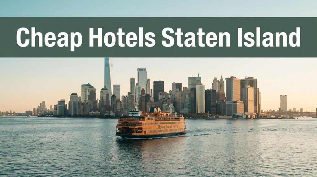 A Staten Island Ferry crosses the harbor beneath Manhattan’s skyline at golden morning light.