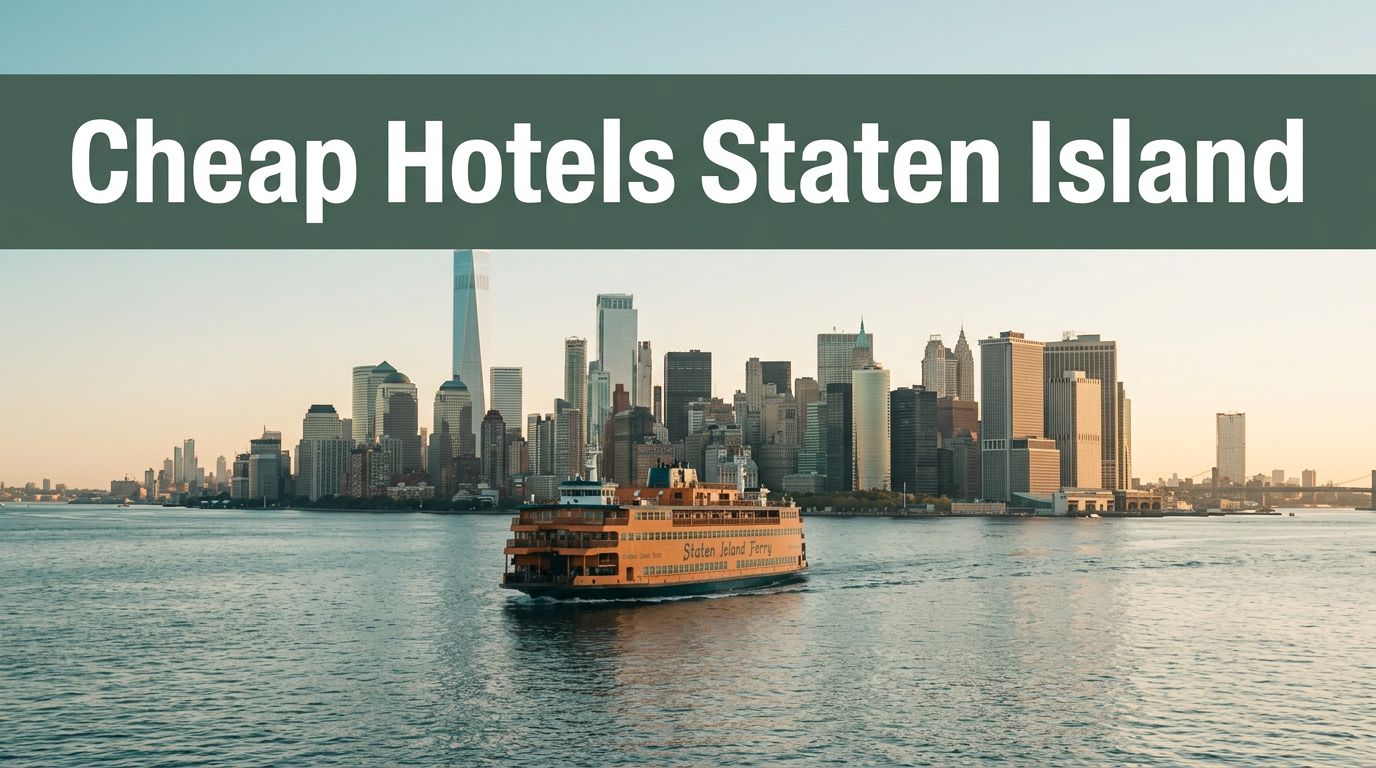 A Staten Island Ferry crosses the harbor beneath Manhattan’s skyline at golden morning light.