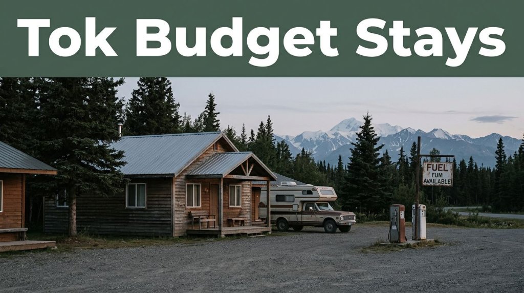 A roadside cabin, travel vehicle, fuel sign, and spruce trees near Tok, Alaska.
