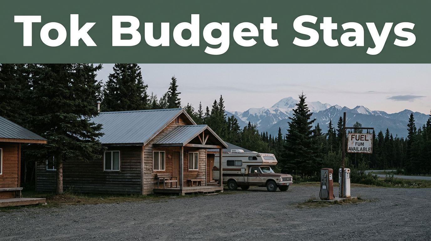 A roadside cabin, travel vehicle, fuel sign, and spruce trees near Tok, Alaska.