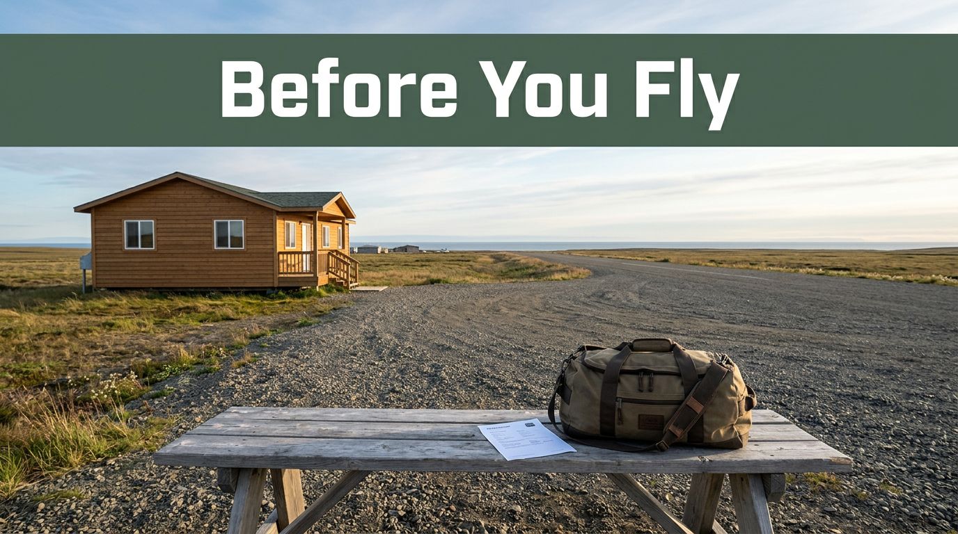 A packed bag and reservation sit outside a cabin near a gravel airstrip in Toksook Bay.