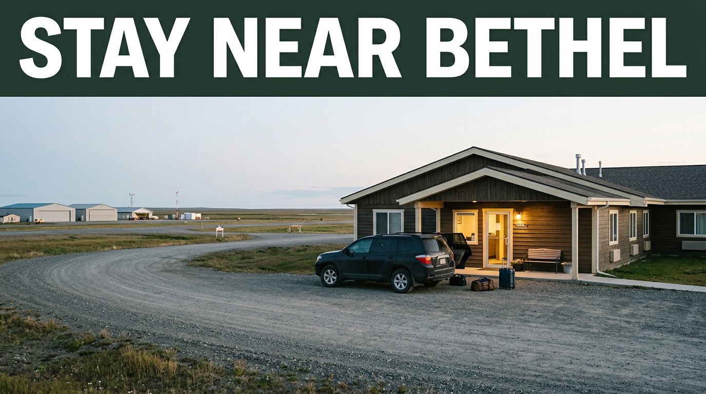 A small Bethel motel entrance beside a gravel road and tundra.