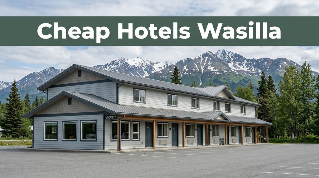 An affordable Wasilla motel with snowy mountains and greenery in the background.