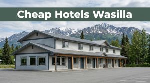 An affordable Wasilla motel with snowy mountains and greenery in the background.