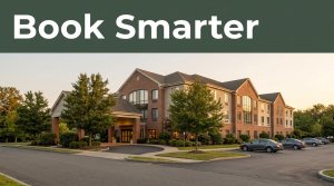 Hotel exterior beside a road with a parked car and a Book Smarter banner.