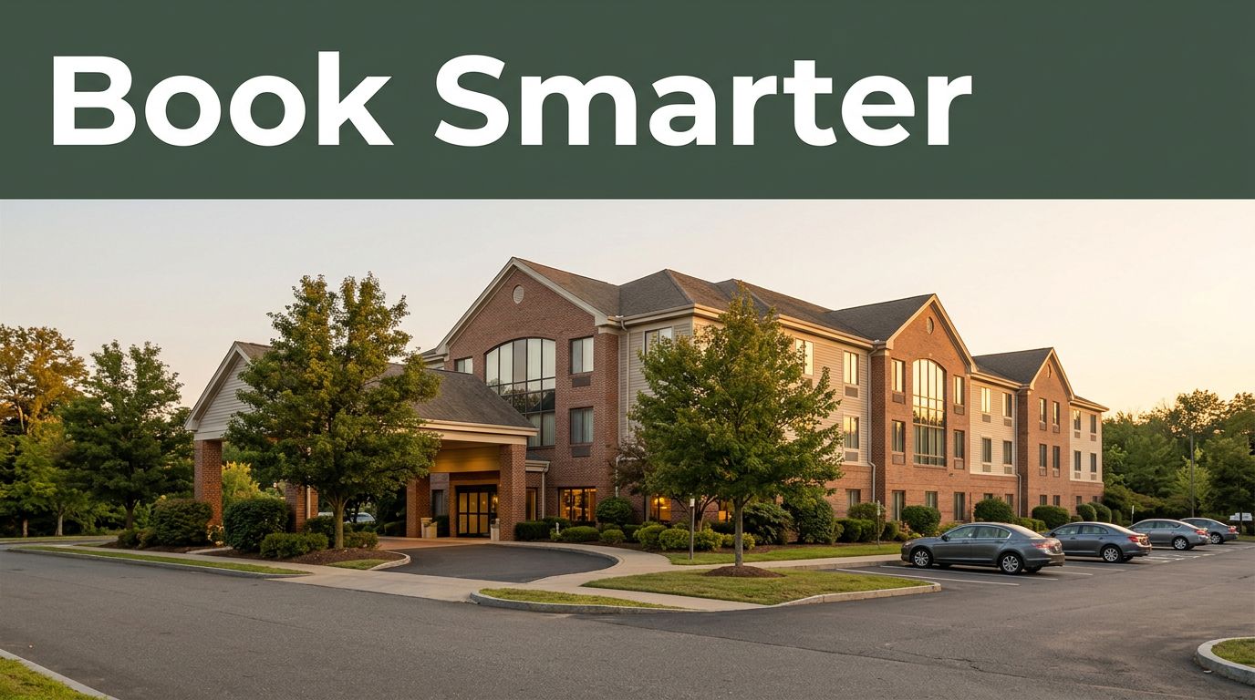 Hotel exterior beside a road with a parked car and a Book Smarter banner.