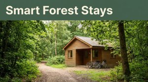 A small forest cabin beside a path with two bicycles and a headline banner.