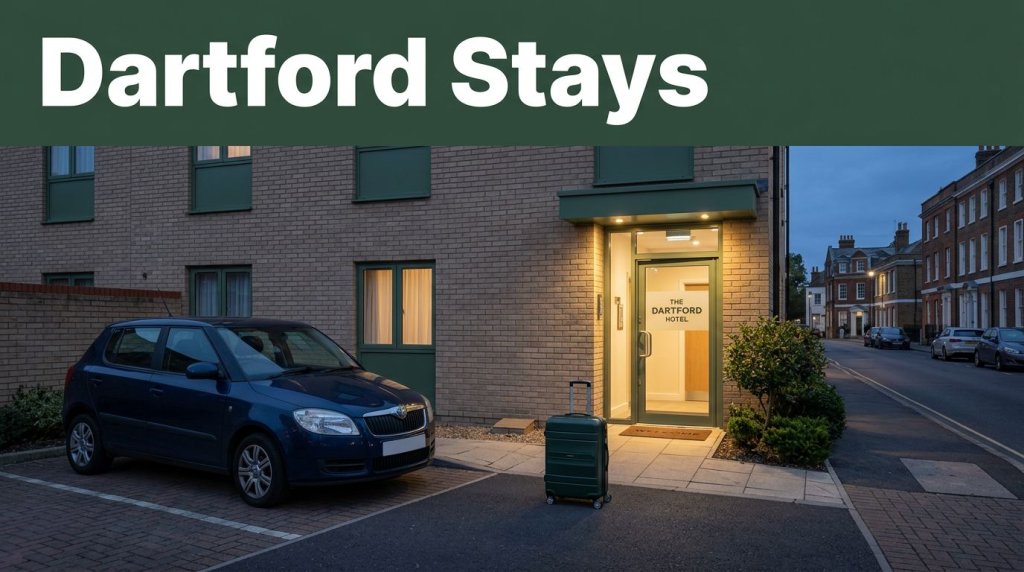 A modest hotel entrance with a car and suitcase beneath a dark green headline band.