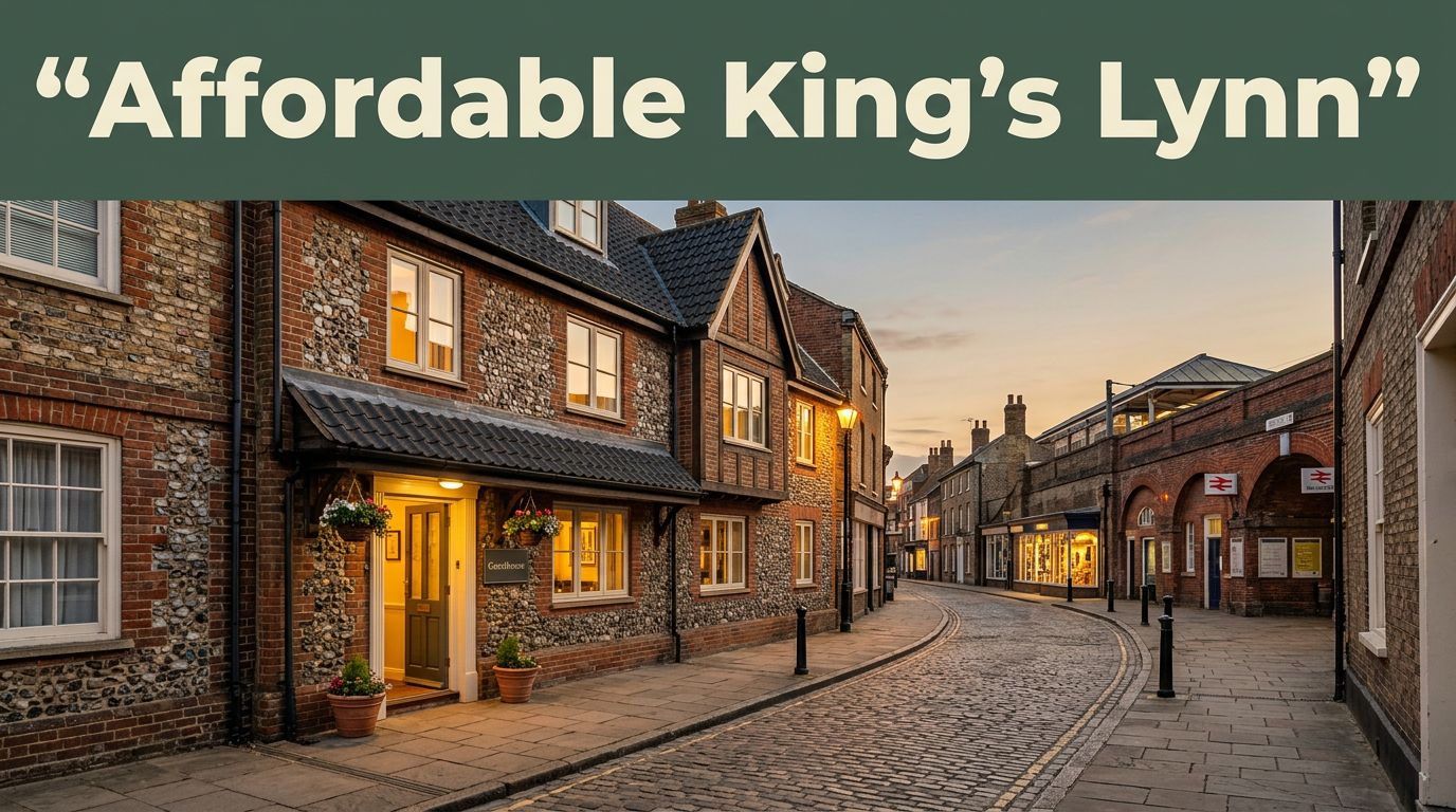 A welcoming guesthouse on a historic King’s Lynn street at sunset.