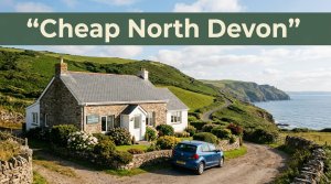 A coastal guesthouse beside green hills with a car and distant sea.