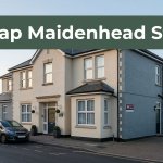 A tidy Maidenhead guesthouse with a parked car and green headline banner.