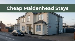 A tidy Maidenhead guesthouse with a parked car and green headline banner.