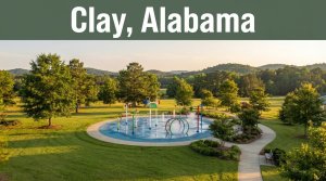 A colorful splash pad beside a green lawn, trees, and distant hills.