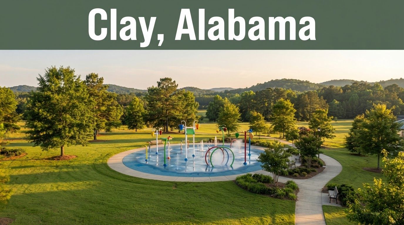 A colorful splash pad beside a green lawn, trees, and distant hills.