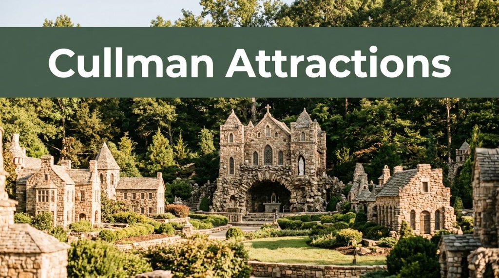 Ave Maria Grotto miniature buildings beneath a Cullman Attractions banner.