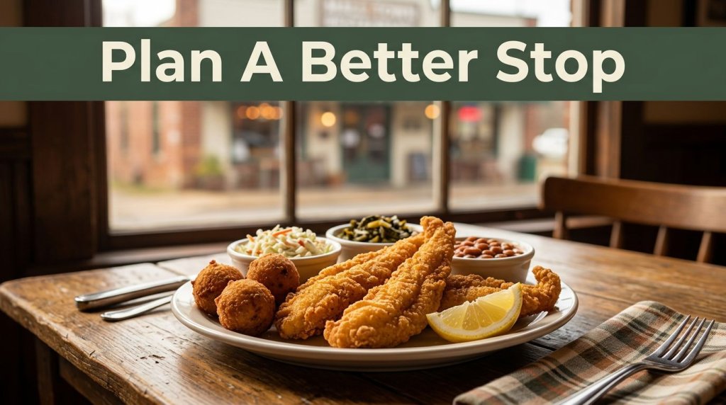 Golden fried catfish with hushpuppies and Southern sides on a rustic restaurant table.