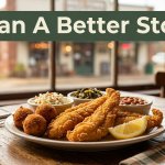 Golden fried catfish with hushpuppies and Southern sides on a rustic restaurant table.