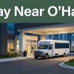 A modern hotel entrance with an airport shuttle parked outside at dusk.