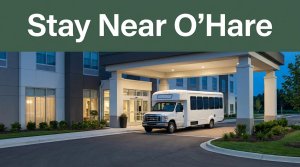 A modern hotel entrance with an airport shuttle parked outside at dusk.