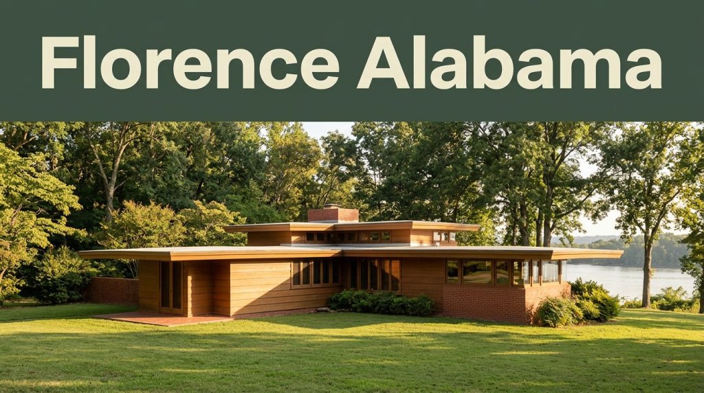 Rosenbaum House surrounded by greenery with the Tennessee River in the background.