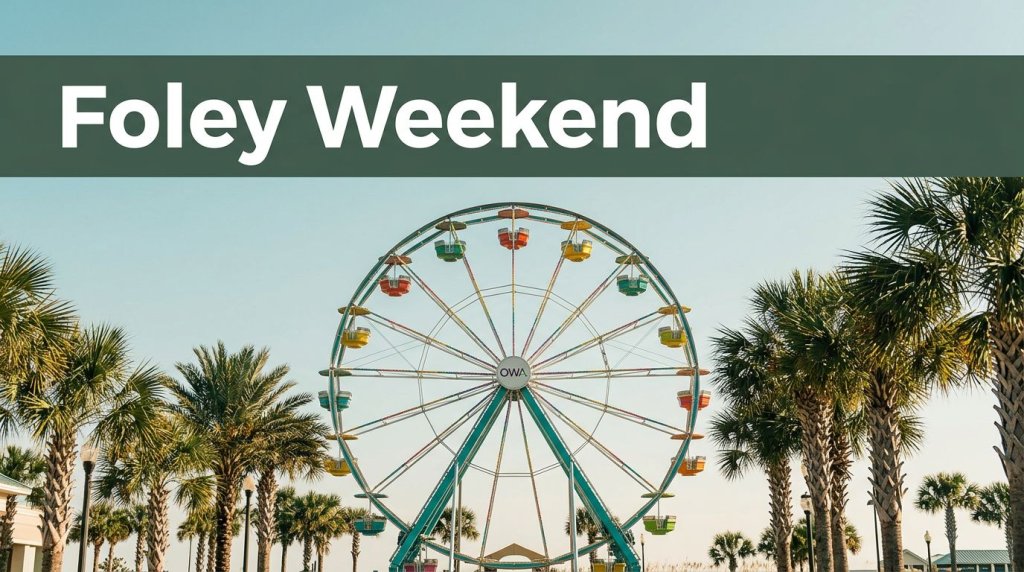 Colorful Ferris wheel framed by palm trees beneath a green Foley Weekend header.