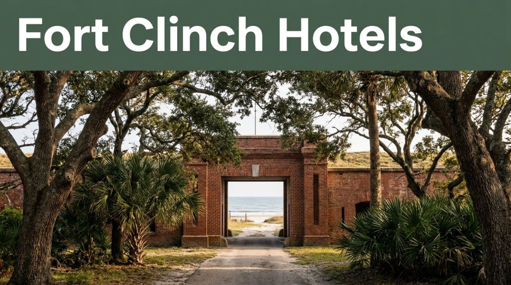 Red-brick Fort Clinch entrance beneath trees with Amelia Island beach and ocean beyond.