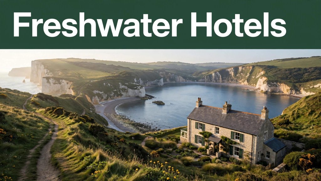 A coastal guesthouse overlooking Freshwater Bay with green cliffs, blue water, and a walking path.