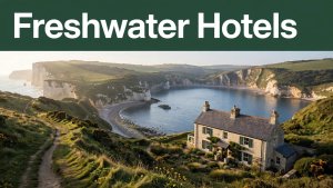 A coastal guesthouse overlooking Freshwater Bay with green cliffs, blue water, and a walking path.