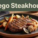 Grilled steak with vegetables and seafood beneath a Fuego Steakhouse heading.