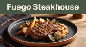 Grilled steak with vegetables and seafood beneath a Fuego Steakhouse heading.