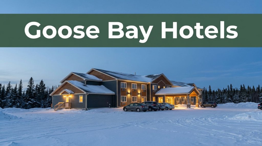 A warmly lit hotel with parked cars sits in snowy Goose Bay beneath a twilight sky.
