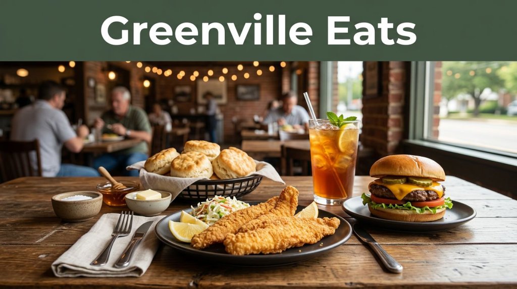 Southern dishes and iced tea arranged on a rustic restaurant table.