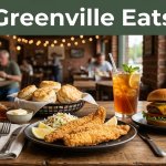 Southern dishes and iced tea arranged on a rustic restaurant table.