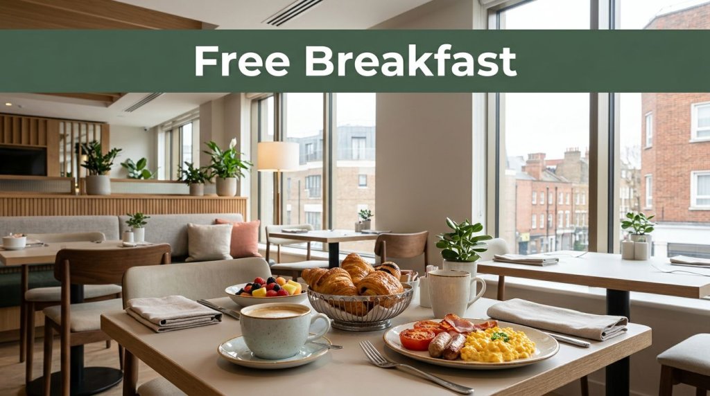 Hotel breakfast table with coffee, pastries, fruit, and a hot meal by bright windows.