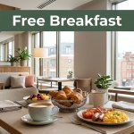 Hotel breakfast table with coffee, pastries, fruit, and a hot meal by bright windows.