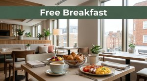 Hotel breakfast table with coffee, pastries, fruit, and a hot meal by bright windows.