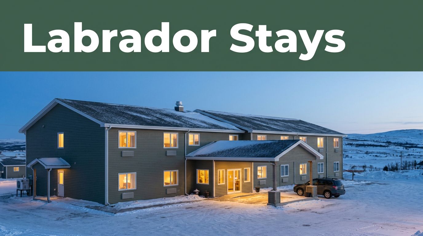 A warmly lit hotel entrance with a parked vehicle and snowy landscape at blue hour.