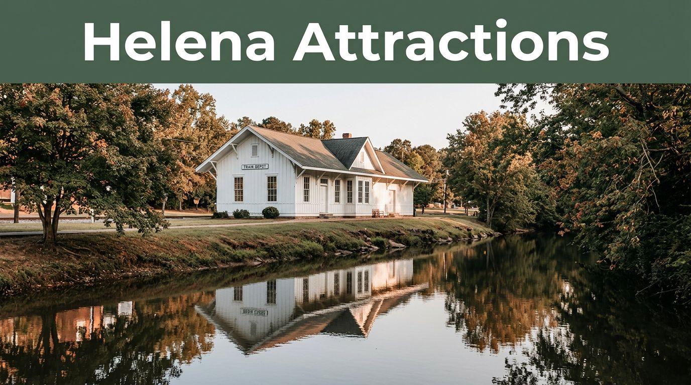 White train depot beside a calm creek in Helena, Alabama.