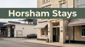 A Horsham hotel entrance beside a station approach, with a suitcase and parked car.
